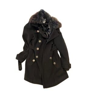 Worthington Black 2X-breasted pea coat faux fur Woman Med